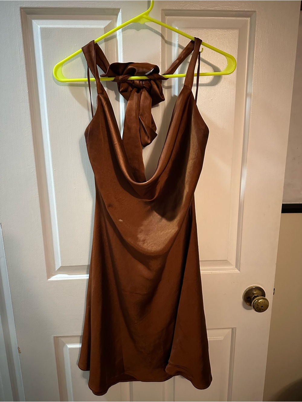 Altar'd State Satin Cowl Mini Dress in Chocolate Brown
